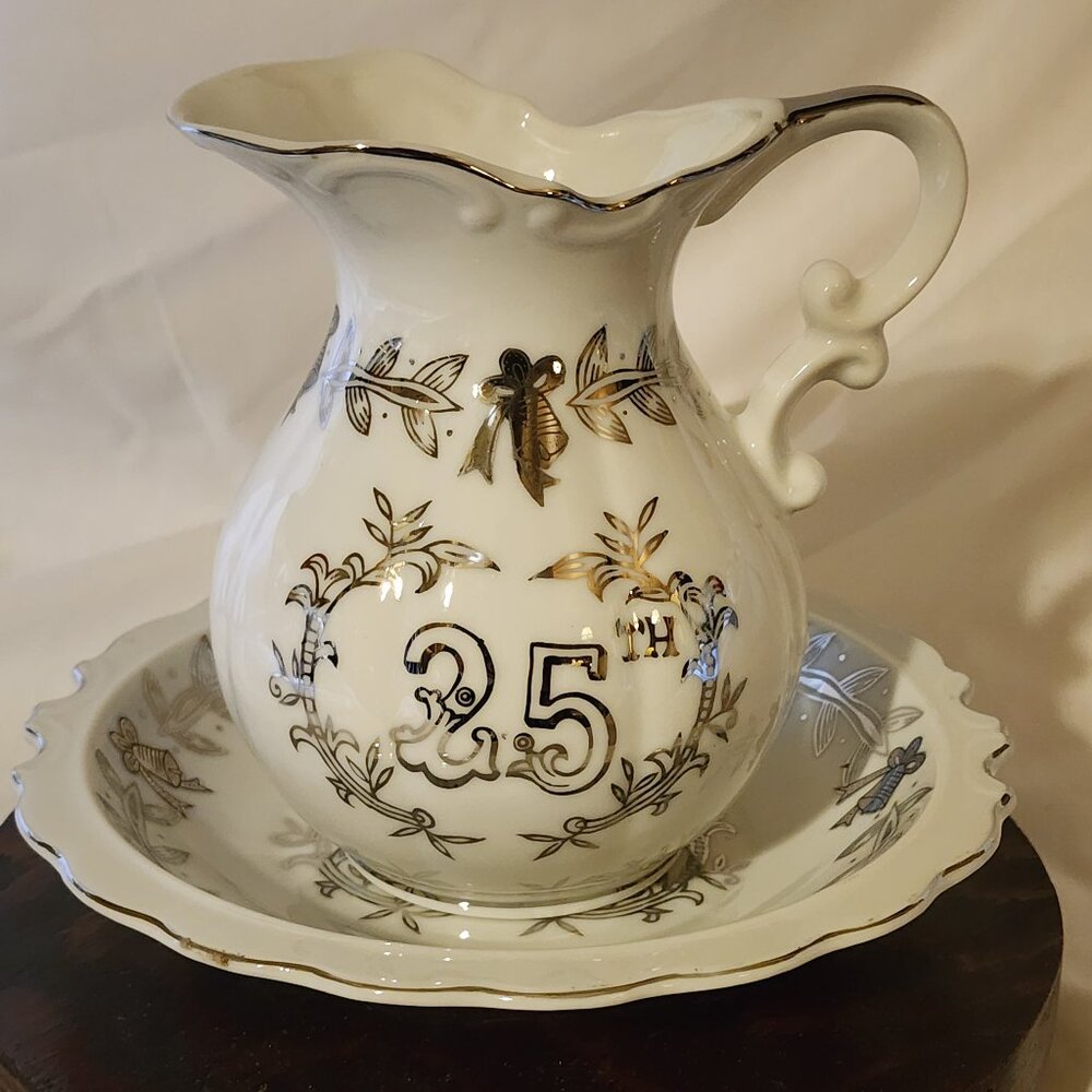 LEFTON CHINA 25TH ANNIVERSARY MED SIZED HANDPAINTED PITCHER & BOWL SET
